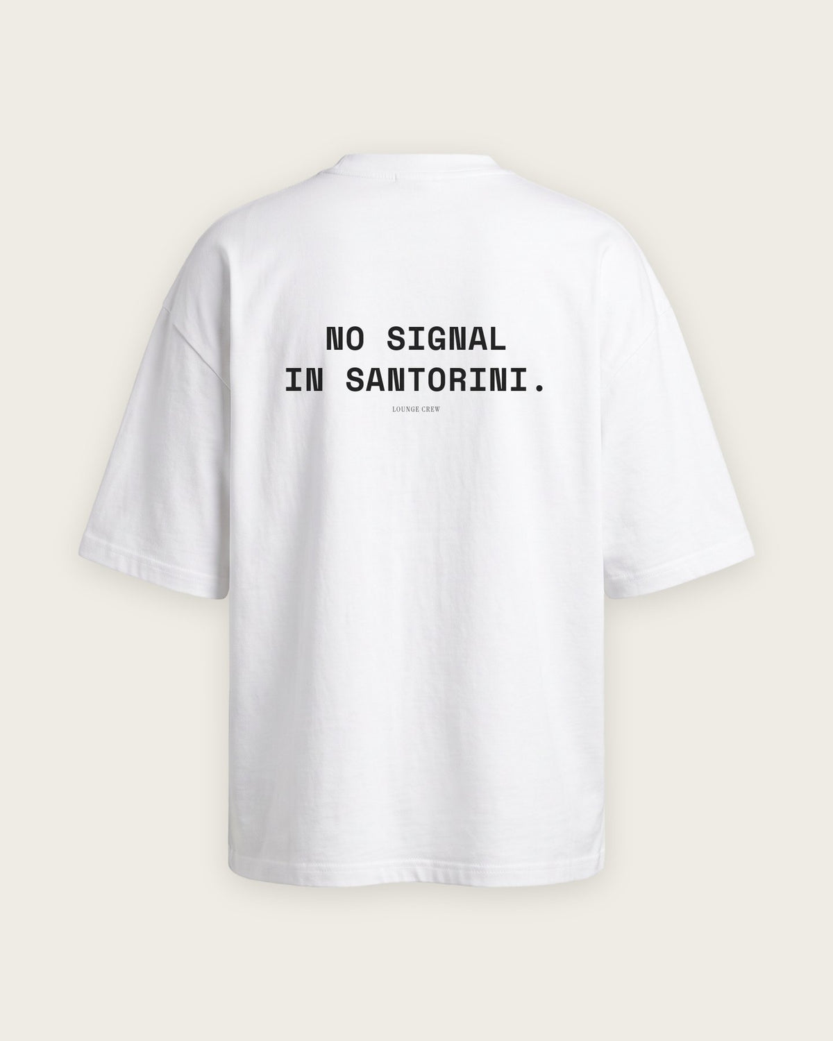 Camiseta Oversized “No Signal in Santorini” — Branco