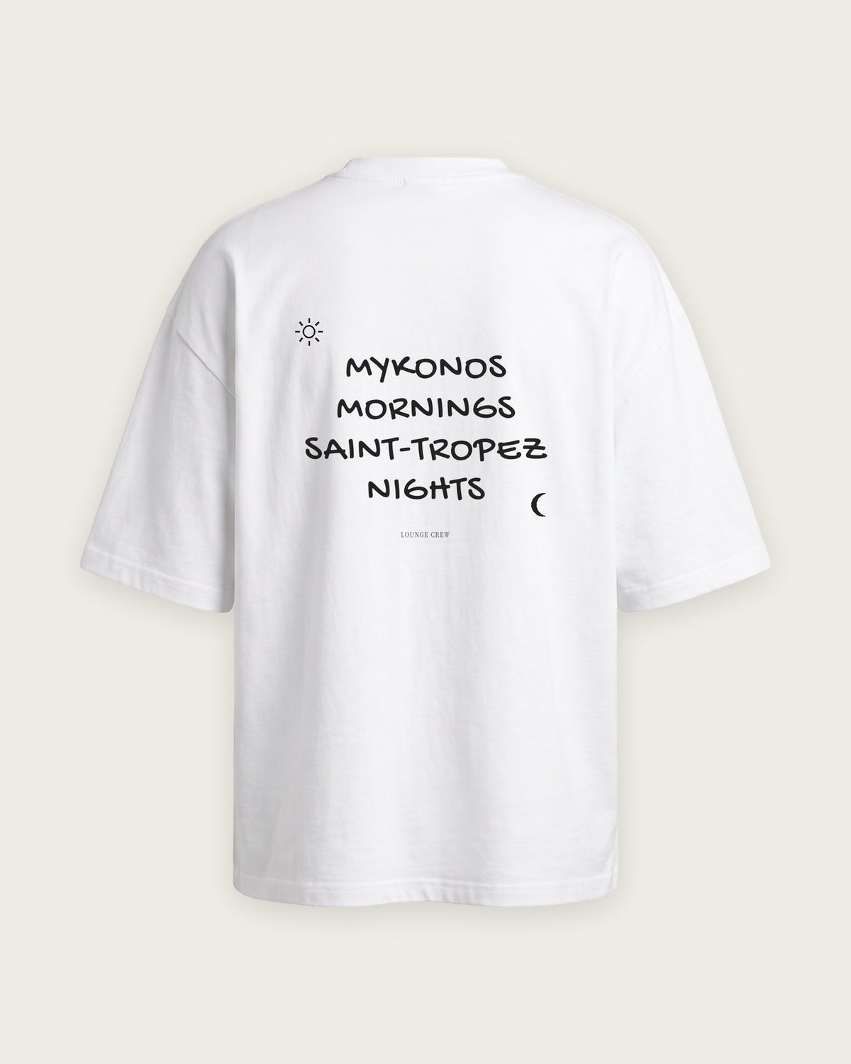 Camiseta Oversized “Mykonos Mornings, Saint-Tropez Nights” — Branco