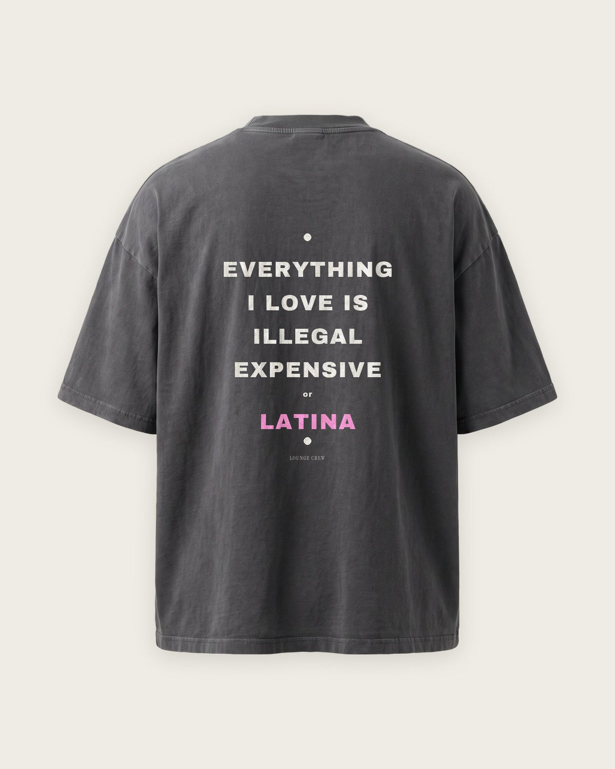 Camiseta Oversized “Everything I Love Is Illegal, Expensive or Latina” — Cinza Estonado