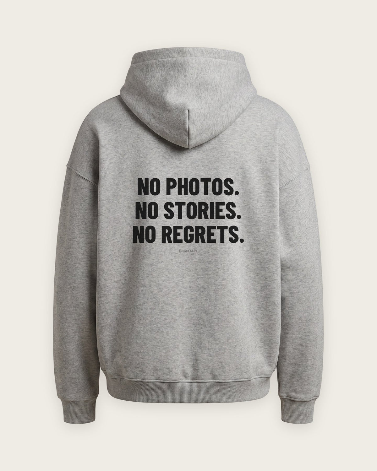 Moletom Oversized “No Photos, No Stories, No Regrets” — Cinza Mescla