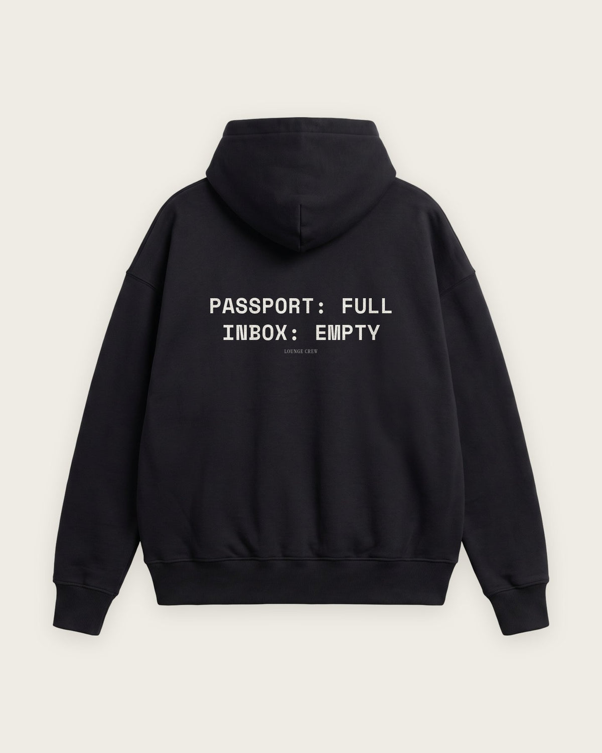Moletom Oversized “Passport Full, Inbox Empty” — Preto